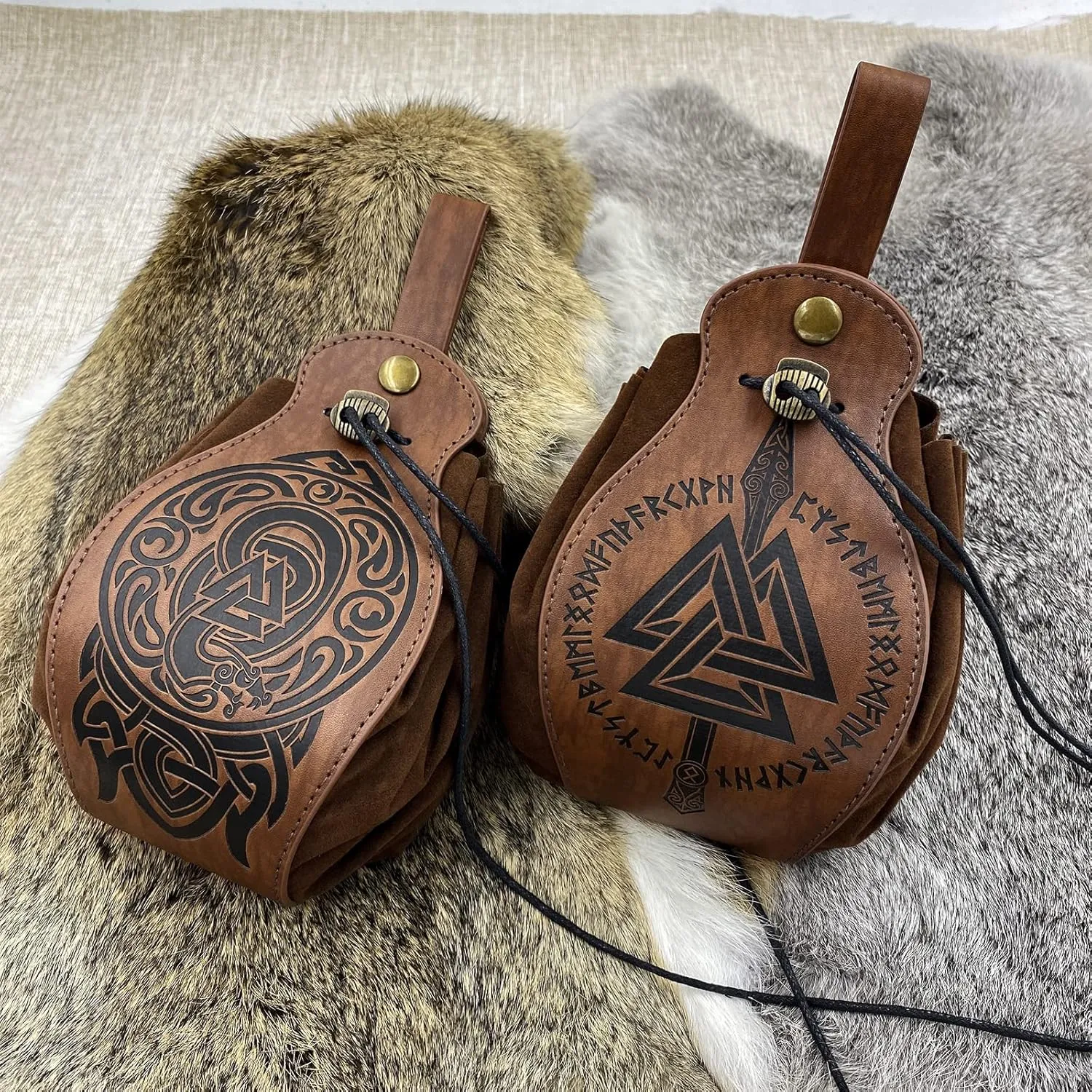 HiiFeuer Medieval Faux Leather Pouch, Portable Drawstring Purse, Vintage Belt Pouch Dice Bag For LARP Ren Faire