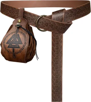 HiiFeuer Medieval O Ring Belt with Portable Drawstring Pouch, Retro Renaissance Faux Leather Belt and Purse Set for Ren Faire