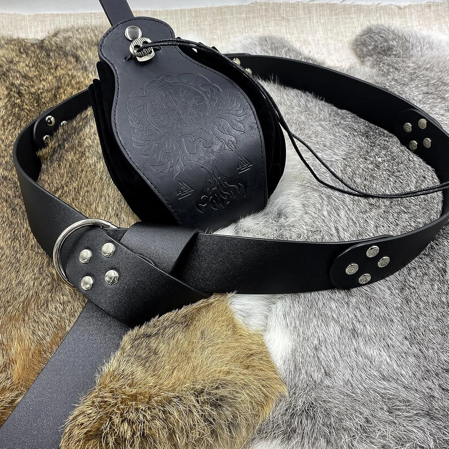 HiiFeuer Medieval O Ring Belt with Portable Drawstring Pouch, Retro Renaissance Faux Leather Belt and Purse Set for Ren Faire