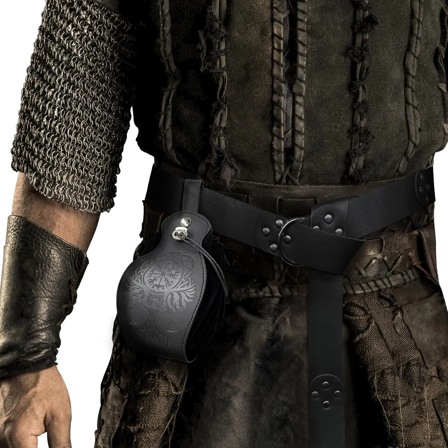 HiiFeuer Medieval O Ring Belt with Portable Drawstring Pouch, Retro Renaissance Faux Leather Belt and Purse Set for Ren Faire