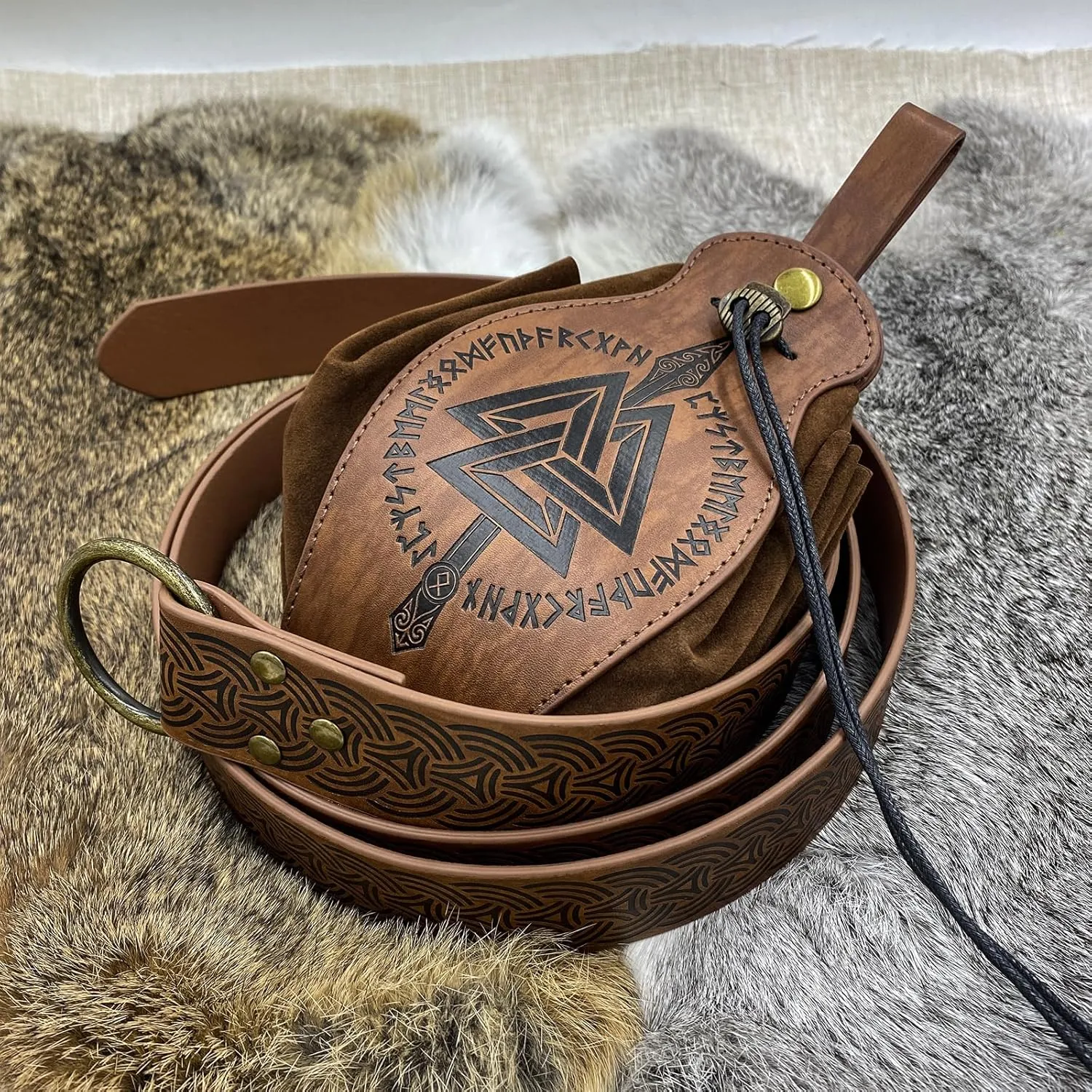 HiiFeuer Medieval O Ring Belt with Portable Drawstring Pouch, Retro Renaissance Faux Leather Belt and Purse Set for Ren Faire