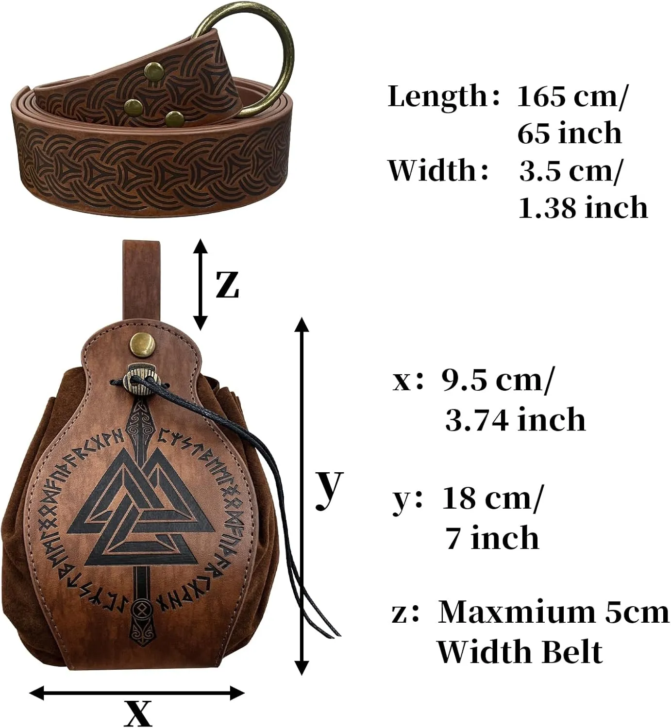 HiiFeuer Medieval O Ring Belt with Portable Drawstring Pouch, Retro Renaissance Faux Leather Belt and Purse Set for Ren Faire