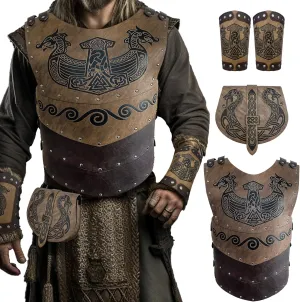 HiiFeuer Viking Embossed Chest Armor with Belt Pouch and Arm Guards, Medieval Faux Leather Knight Cosplay Costume for Ren Faire
