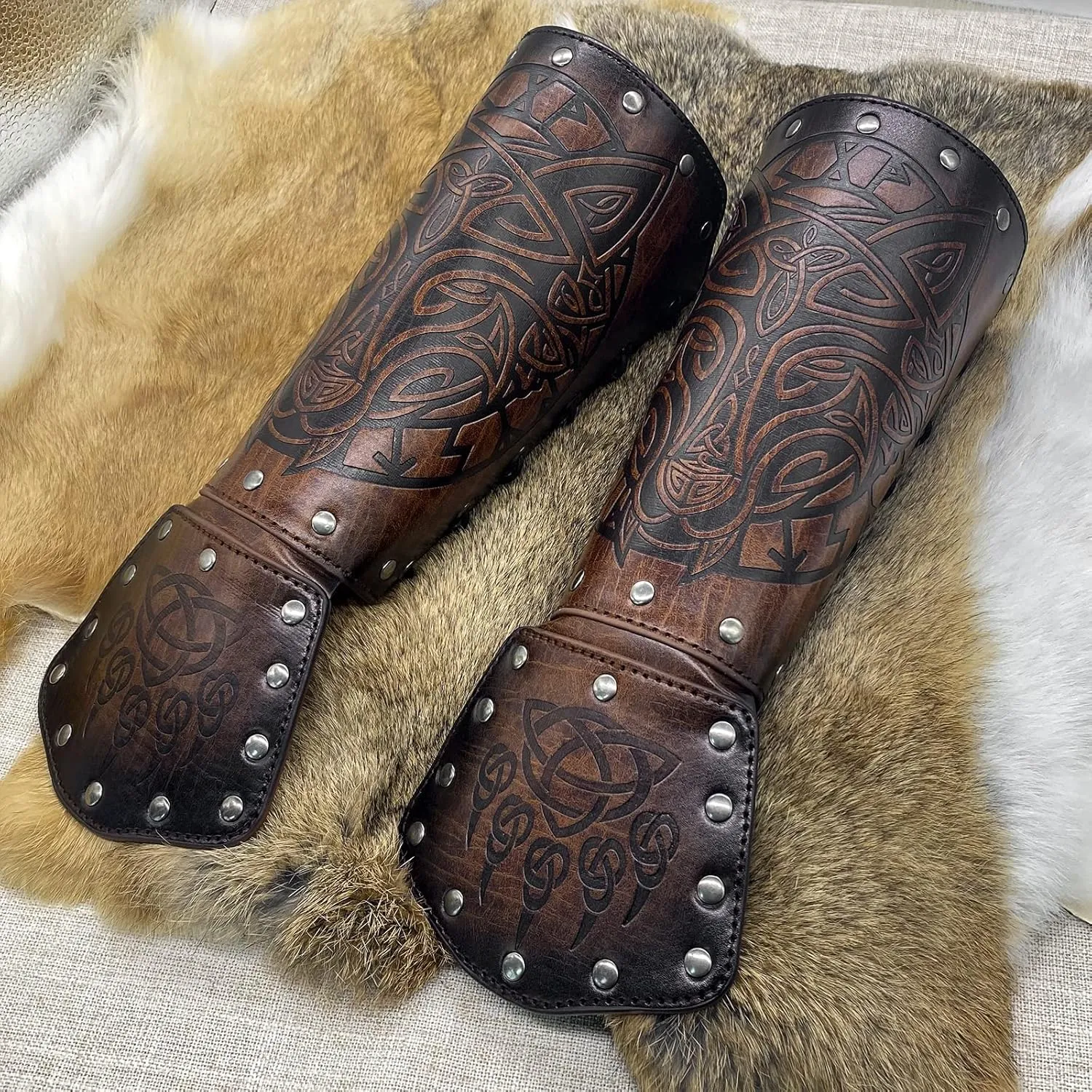 HiiFeuer Viking Fenrir Gauntlet, Medieval Faux Leather Arm Armor Knight Bracer, LARP Halloween Costume