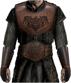 HiiFeuer Viking Fenrir Gauntlet with Embossed Chest Armor and Nordic Wide Belt, Medieval Faux Leather Warrior Set for LARP Ren Faire