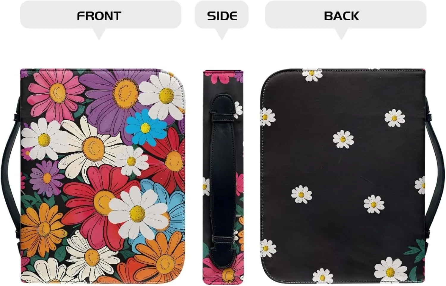 Hippie Floral PU Bible Cover Vintage Bohemian Bible Case for Women with Zipper, 6x9 Lightweight Church Bag