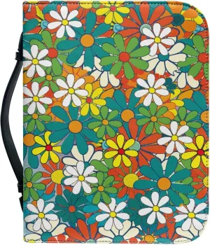 Hippie Floral PU Bible Cover Vintage Bohemian Bible Case for Women with Zipper, 6x9 Lightweight Church Bag