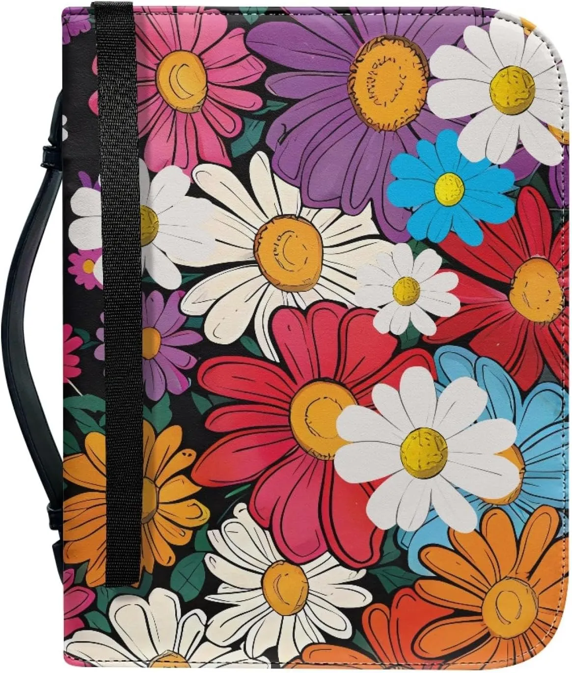 Hippie Floral PU Bible Cover Vintage Bohemian Bible Case for Women with Zipper, 6x9 Lightweight Church Bag