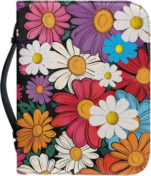Hippie Floral PU Bible Cover Vintage Bohemian Bible Case for Women with Zipper, 6x9 Lightweight Church Bag