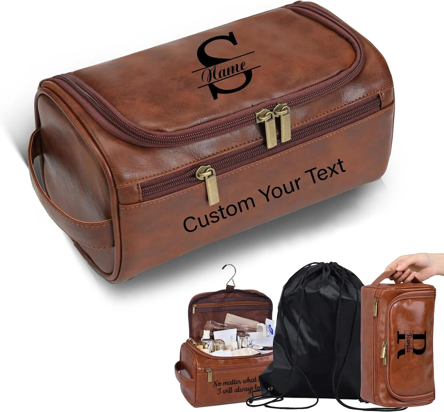 HJX Personalized Toiletry Bag for Men Engraved Name Initials Leather Travel Bags,Custom Valentine's Day Dopp Kit Bag Gift for Boyfriend Husband Dad