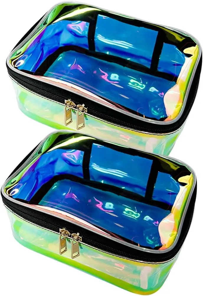 Holographic Clear Cosmetic Bags 2 pcs Transparent Iridescent Makeup Pouch Waterproof Organizer Case-Holographic Blue