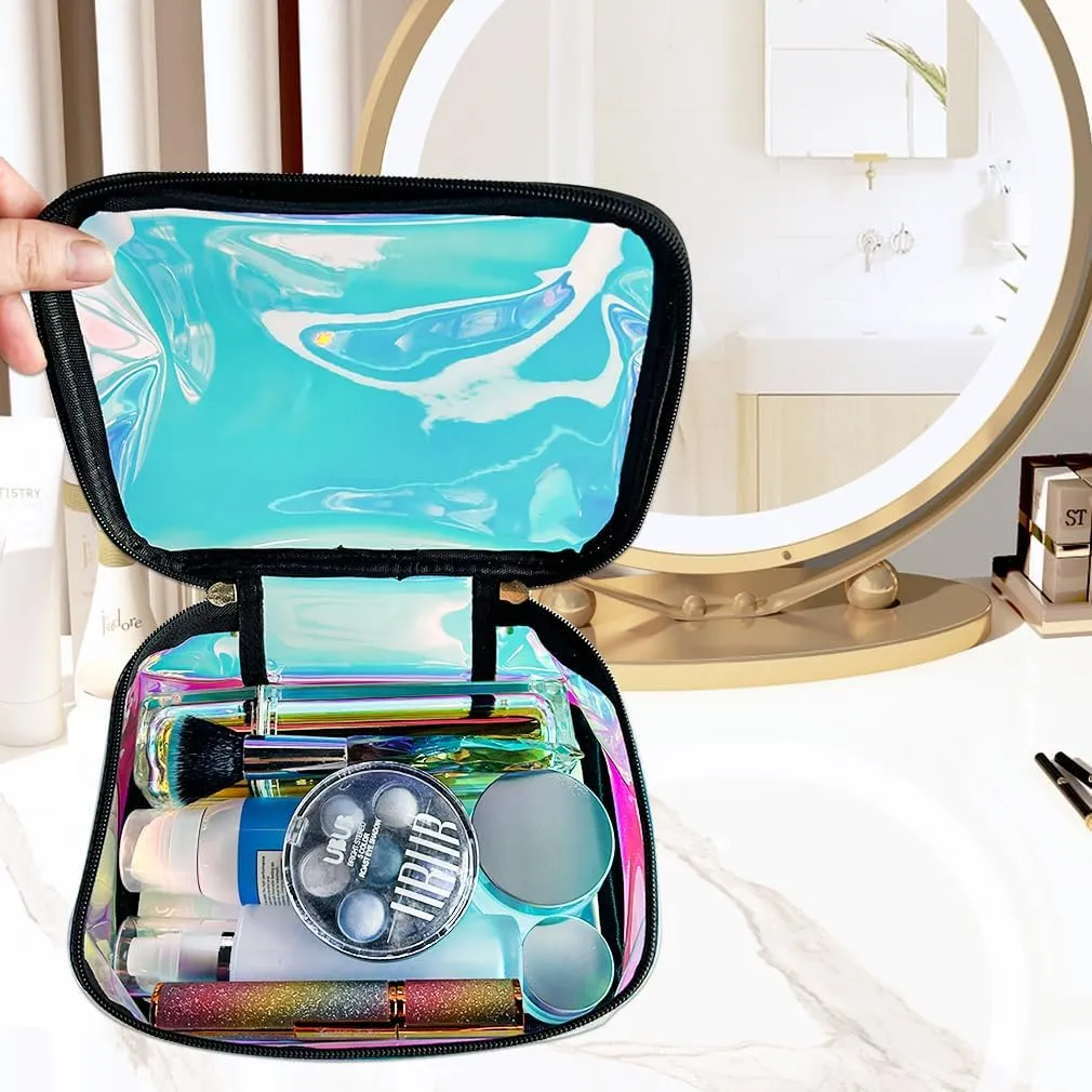 Holographic Clear Cosmetic Bags 2 pcs Transparent Iridescent Makeup Pouch Waterproof Organizer Case-Holographic Blue
