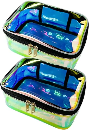 Holographic Clear Cosmetic Bags 2 pcs Transparent Iridescent Makeup Pouch Waterproof Organizer Case-Holographic Blue