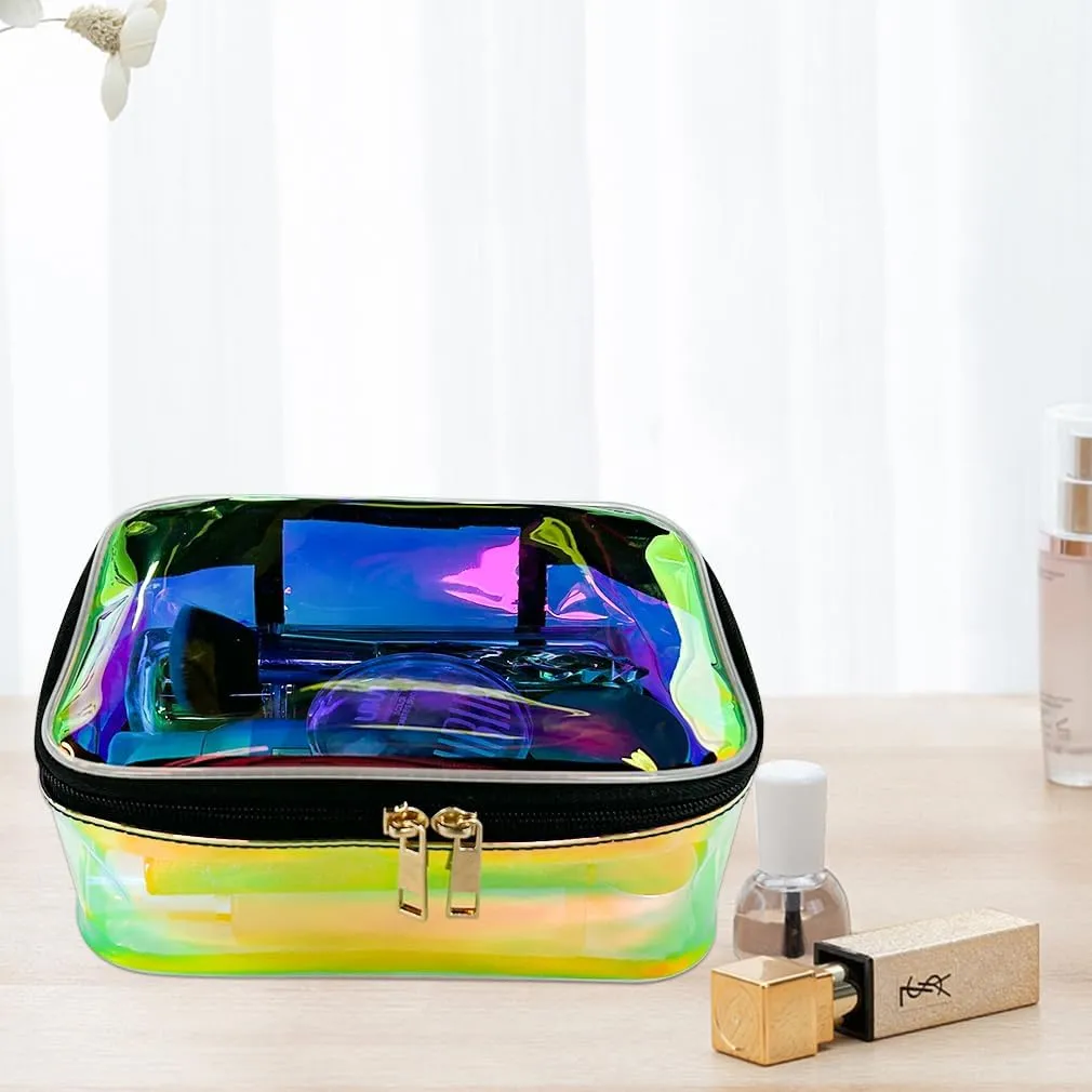Holographic Clear Cosmetic Bags 2 pcs Transparent Iridescent Makeup Pouch Waterproof Organizer Case-Holographic Blue