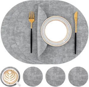 Homaxy Round Faux Leather Placemats and Coasters, Washable Dual-Side Table Mats, Wipeable Heat-Resistant Dining Place Mats for Outdoor and Indoor, Set of 4, Diameter 13 and 3.93 inch, Light Grey