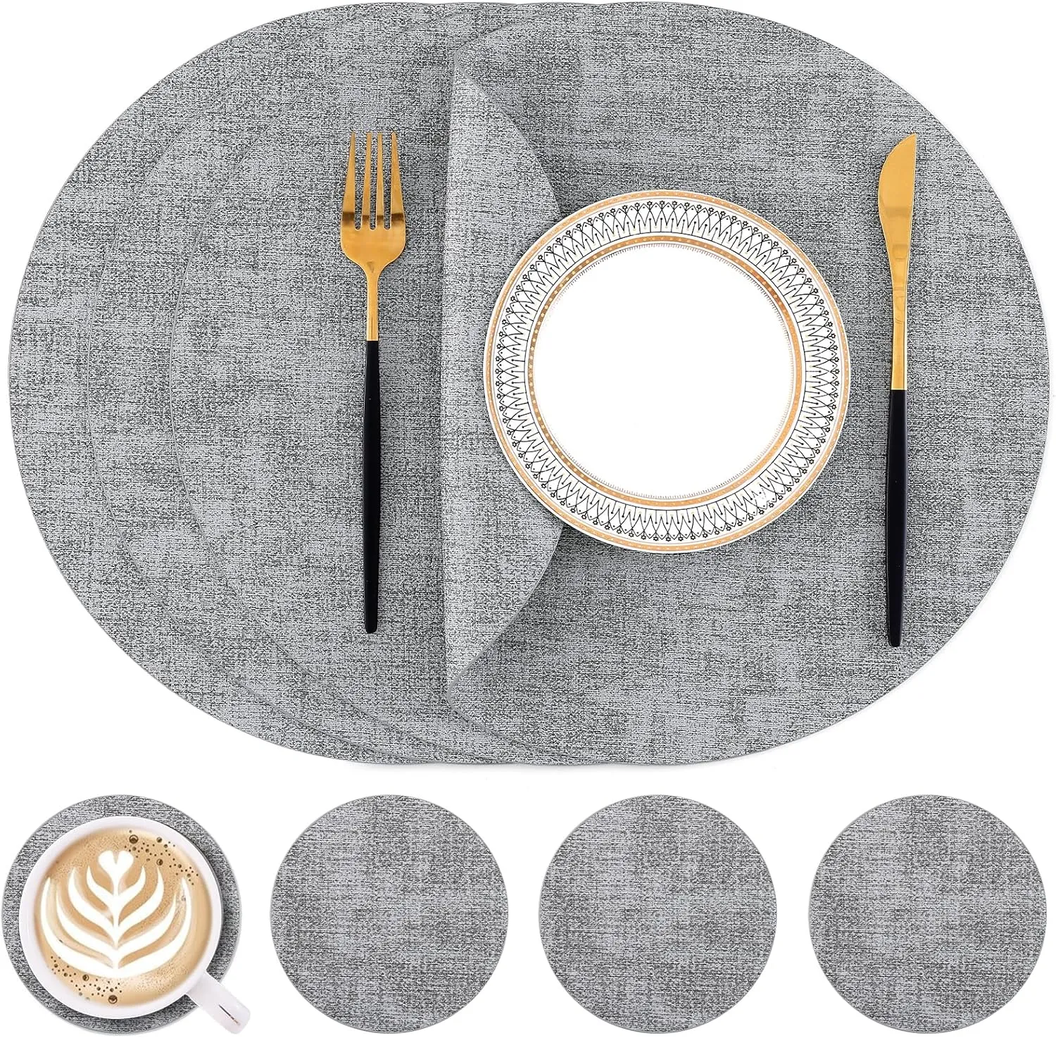 Homaxy Round Faux Leather Placemats and Coasters, Washable Dual-Side Table Mats, Wipeable Heat-Resistant Dining Place Mats for Outdoor and Indoor, Set of 4, Diameter 13 and 3.93 inch, Light Grey