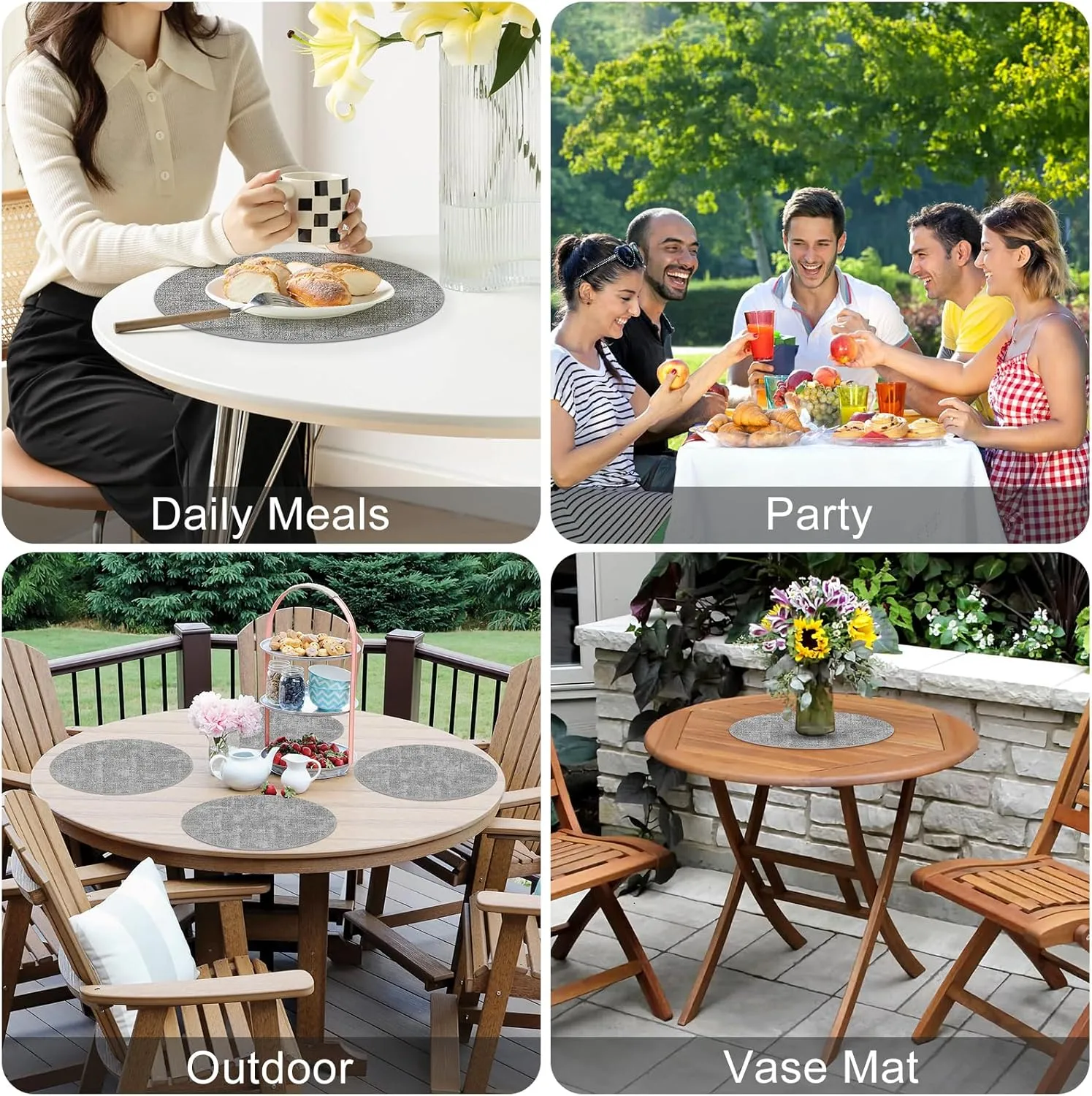 Homaxy Round Faux Leather Placemats and Coasters, Washable Dual-Side Table Mats, Wipeable Heat-Resistant Dining Place Mats for Outdoor and Indoor, Set of 4, Diameter 13 and 3.93 inch, Light Grey