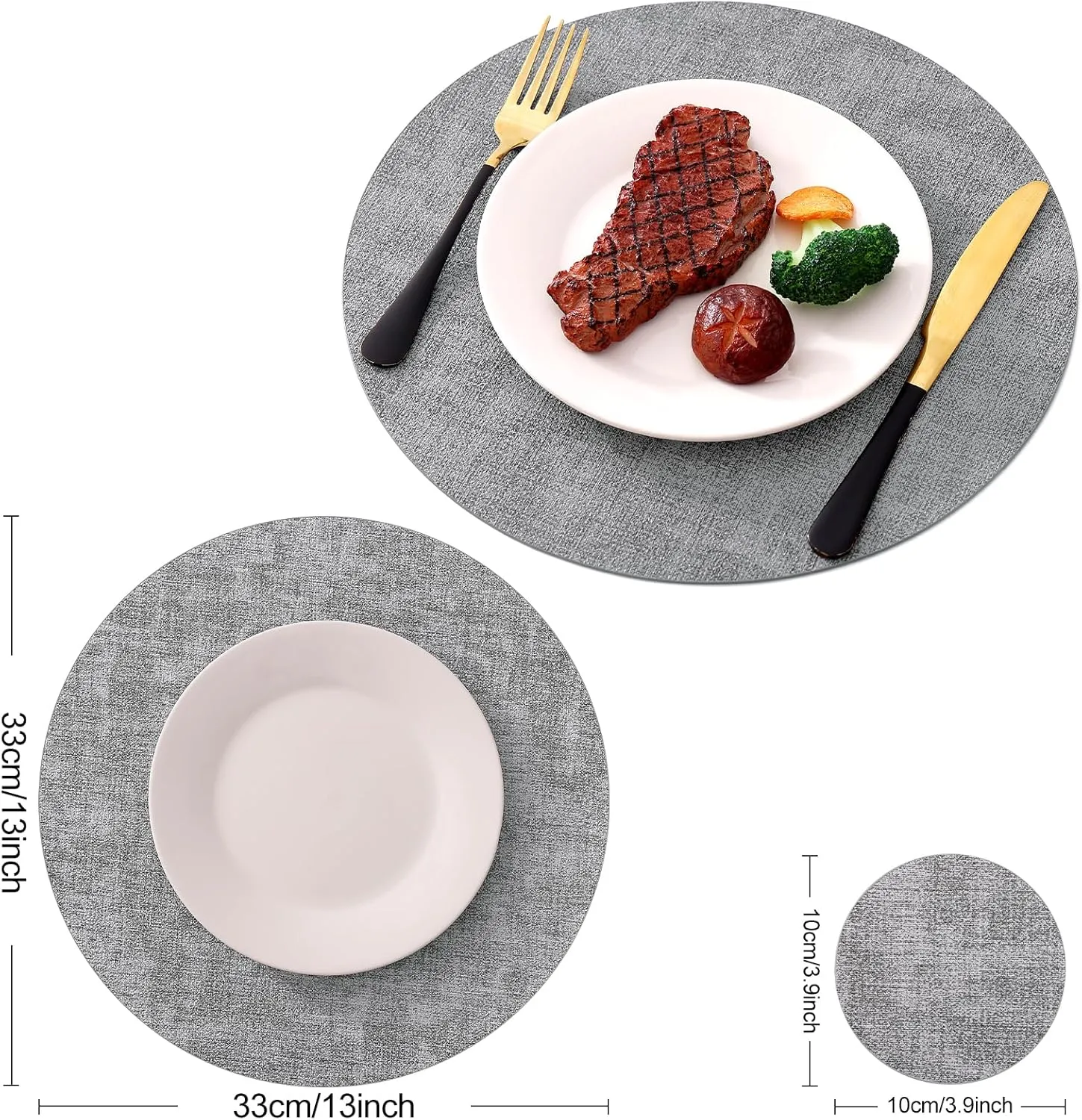 Homaxy Round Faux Leather Placemats and Coasters, Washable Dual-Side Table Mats, Wipeable Heat-Resistant Dining Place Mats for Outdoor and Indoor, Set of 4, Diameter 13 and 3.93 inch, Light Grey