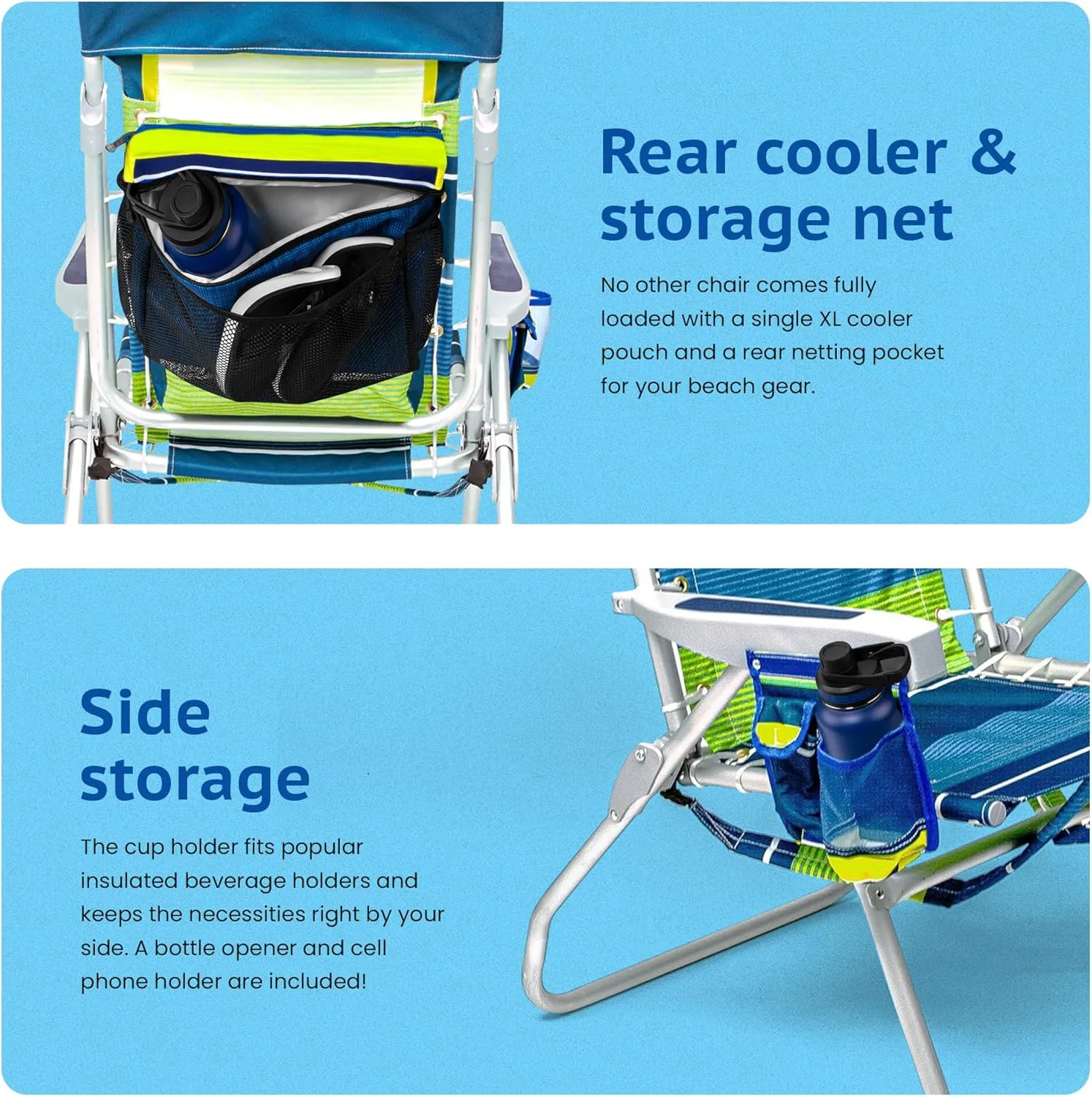 Homevative Backpack Fold-Up Beach Chair, 5 Positions, Towel bar, Cooler, Storage Pouch, Cup Holder and Phone Pocket