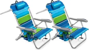 Homevative Cooler  Folding Backpack Beach Chair with 5 Positions, Towel bar, XL Cooler Pouch, Storage Net, Cup and Phone Holder, Deep Sea, 2 Pack