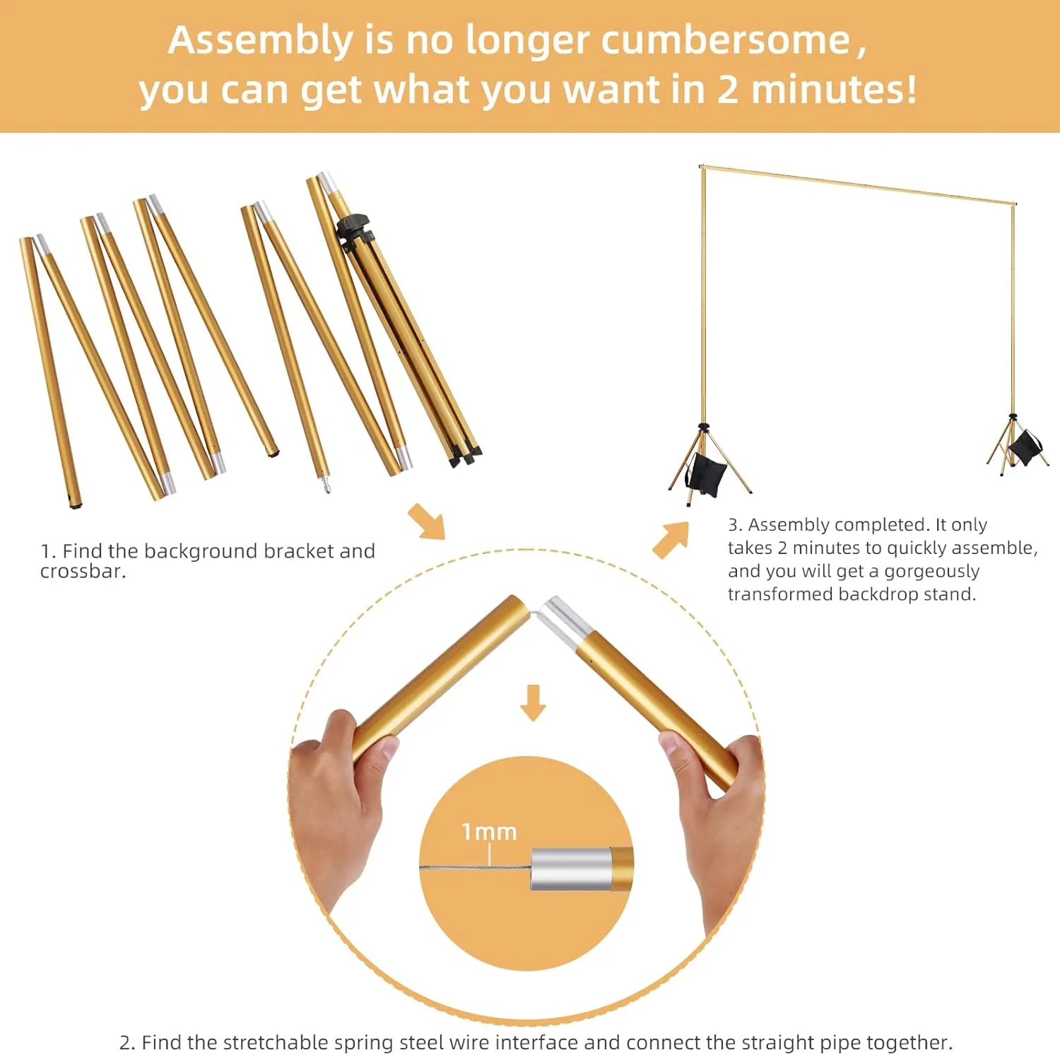 HPUSN Upgraded Backdrop Stand - 10ft x 7ft Adjustable Photoshoot - Photo Backdrop Stand for Parties - Includes Travel Bag, Sand Bags, Clamps - Photo Video Studio-Gold