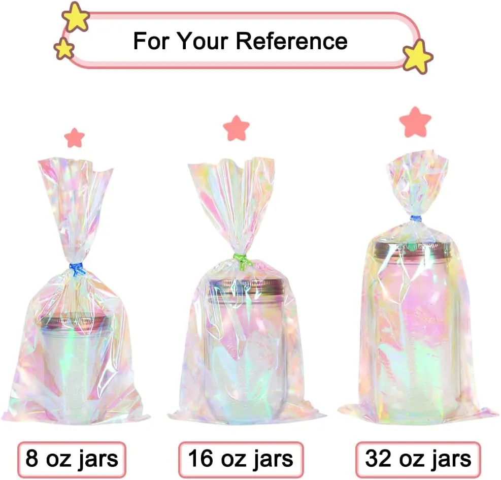 HRX Package 120pcs Iridescent Cellophane Treat Bags with Ties, 6x12 inch Holographic Plastic Goody Bags for Candy Party Favors Small Gifts