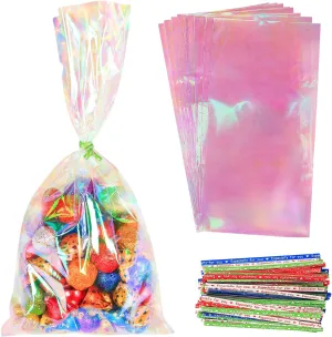 HRX Package 120pcs Iridescent Cellophane Treat Bags with Ties, 6x12 inch Holographic Plastic Goody Bags for Candy Party Favors Small Gifts