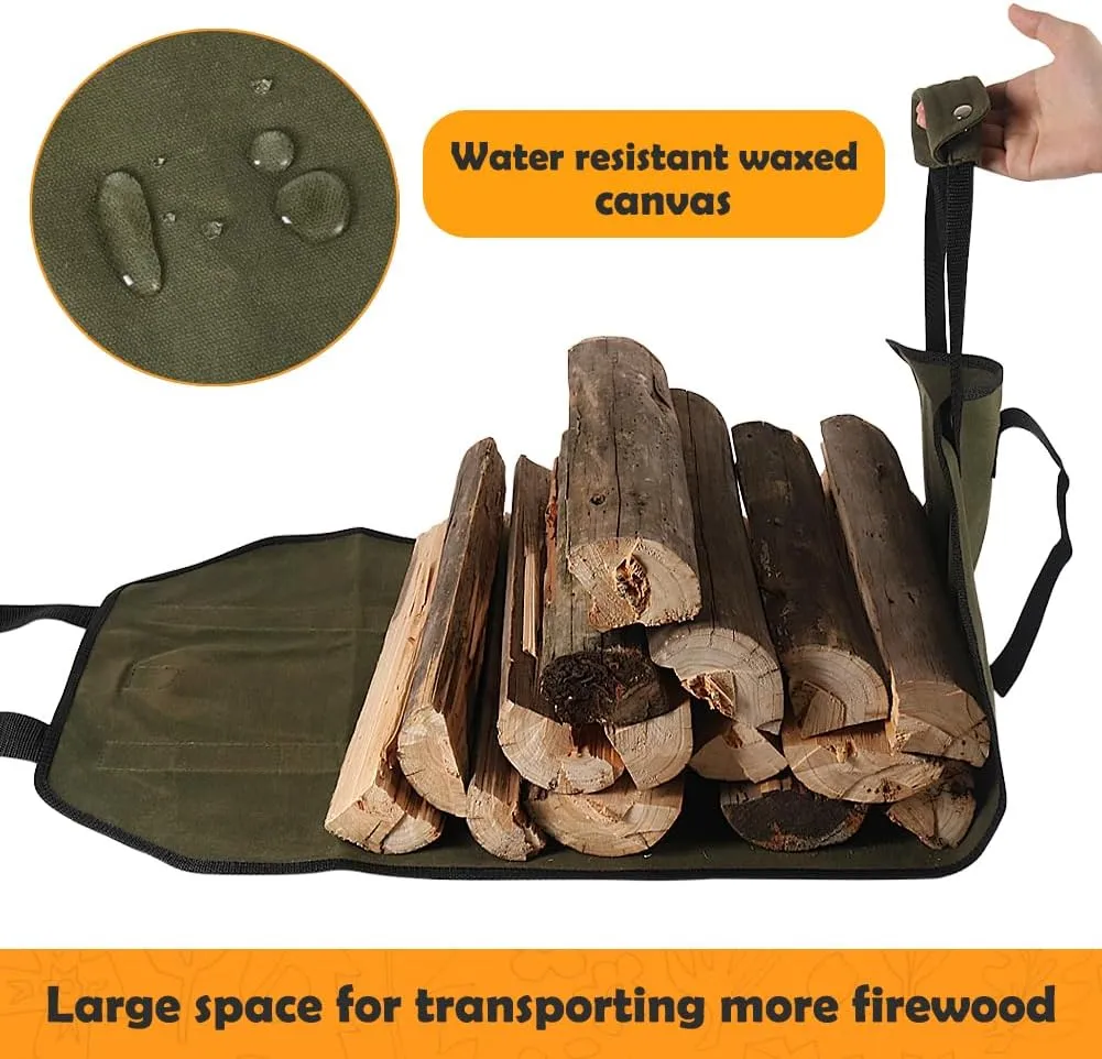 HRX Package Waxed Canvas Firewood Bag Carrier, Water Resistant Log Tote Wood Carrying Bag With Handles for Camping Trip Christmas Gift