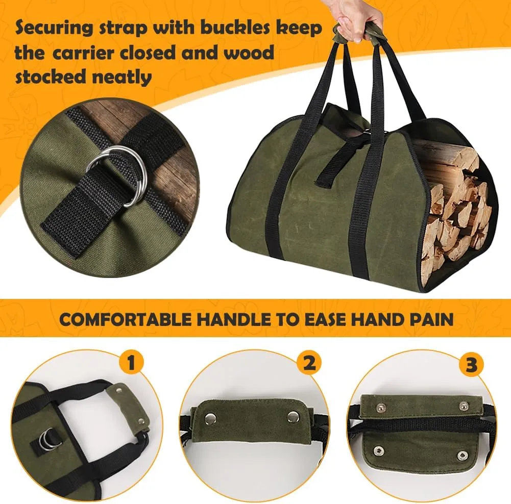 HRX Package Waxed Canvas Firewood Bag Carrier, Water Resistant Log Tote Wood Carrying Bag With Handles for Camping Trip Christmas Gift