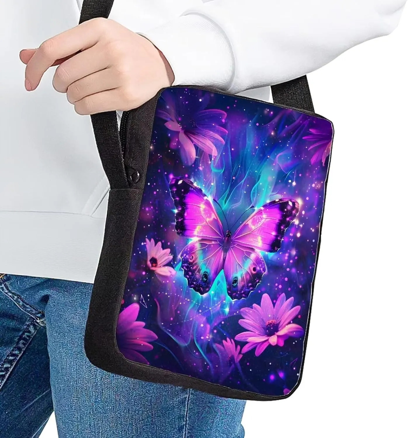 HUGS IDEA Butterfly Floral Print Small Messenger Bags for Girls Cute Cross Body Sling Bags with Adjustable Strap Durable Shoulder Handbag Tote