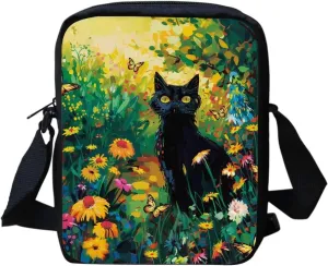HUGS IDEA Mini Cross-Body Bag Black Cat Floral Small AdjustableShoulder Messenger Handbag Casual Cellphone Purse
