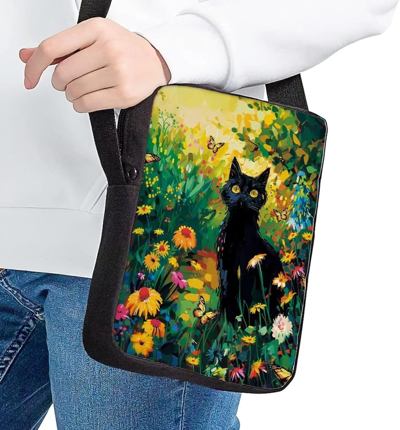 HUGS IDEA Mini Cross-Body Bag Black Cat Floral Small AdjustableShoulder Messenger Handbag Casual Cellphone Purse