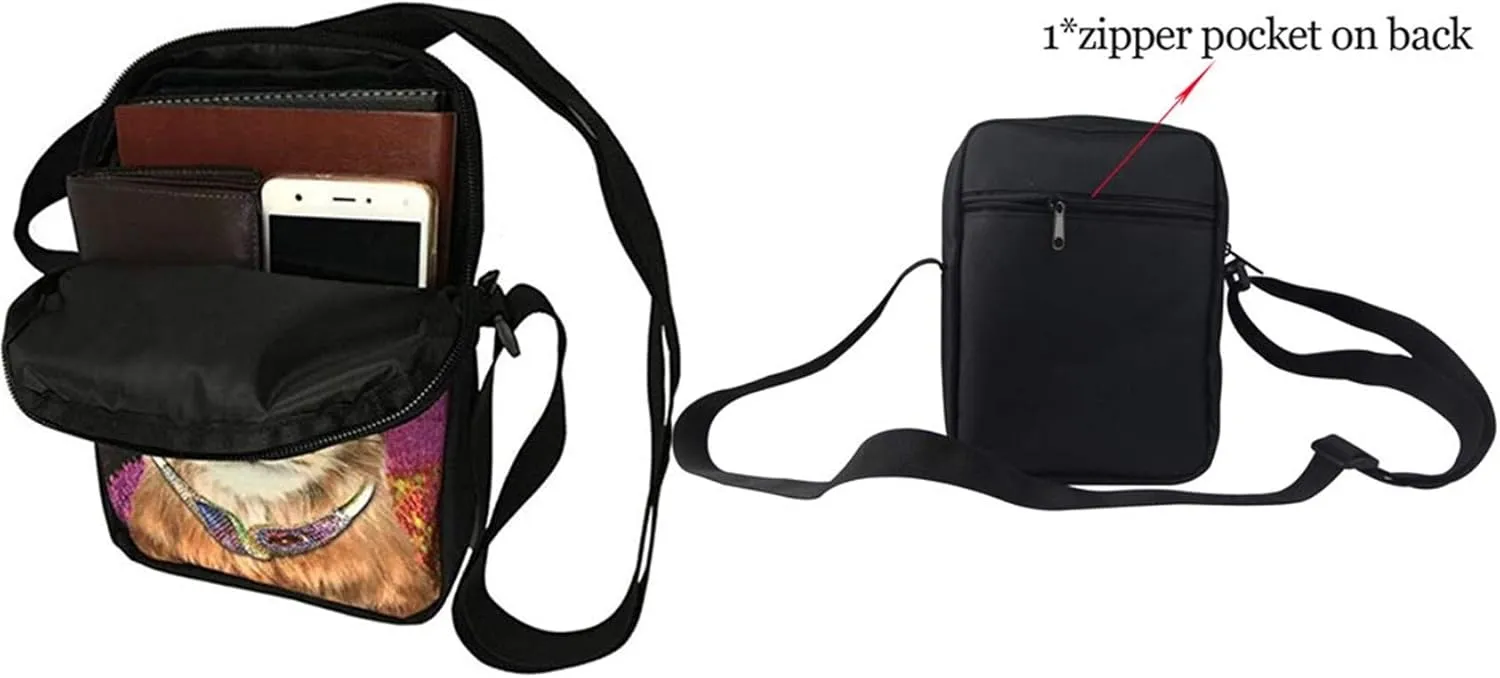 HUGS IDEA Mini Cross-Body Bag Black Cat Floral Small AdjustableShoulder Messenger Handbag Casual Cellphone Purse