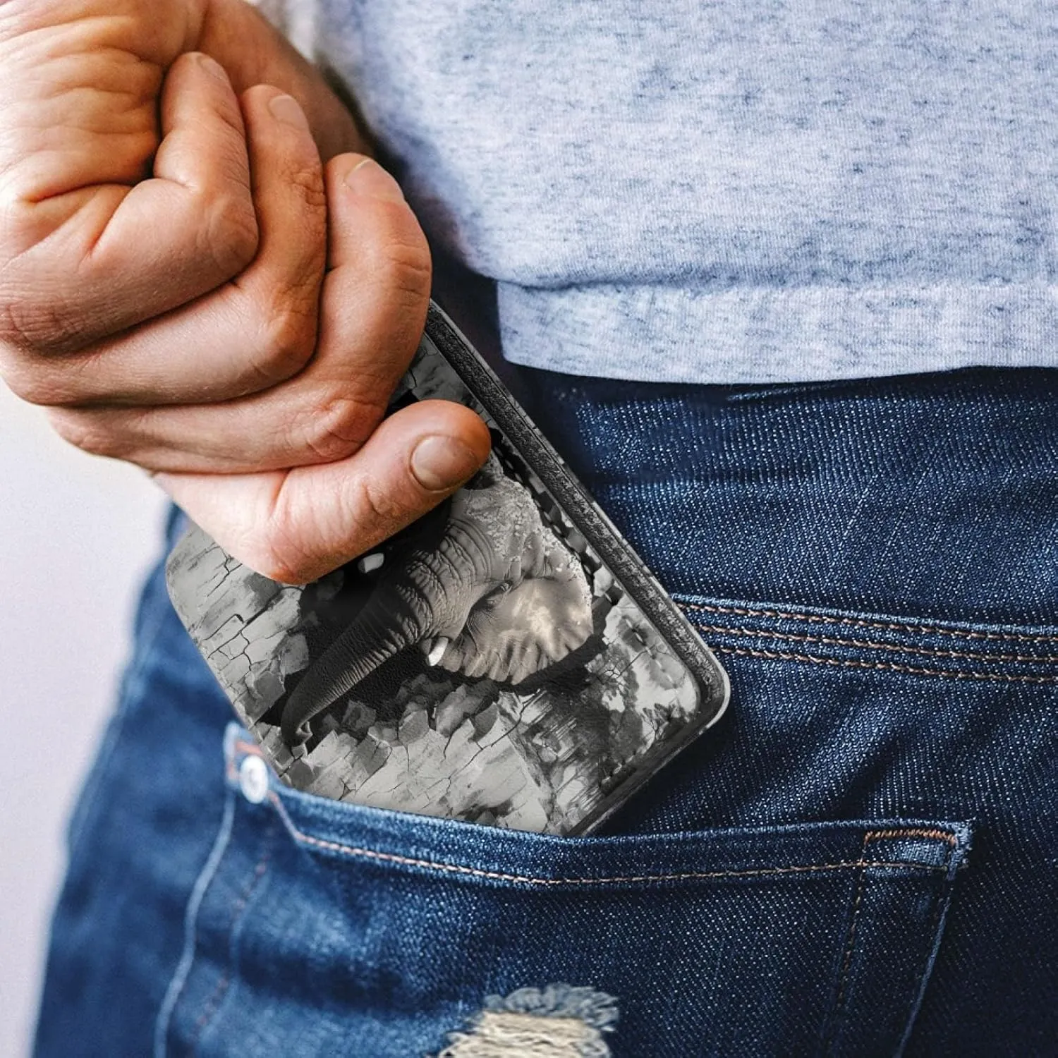 HUIACONG Gray Elephant Mens Wallet Bifold Slim,Leather Wallets Thin for Boys Gifts Travel Cash Coins Photos Organizer Wallets with Credit Cards Ponch