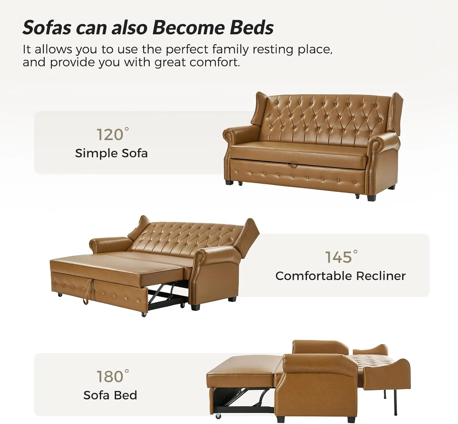 HULALA HOME 74" Faux Leather Setee Sleeper Sofa Bed,Transitional High Back Chesterfield Sofa Bed Couches for Living Room and Bedroom,Camel