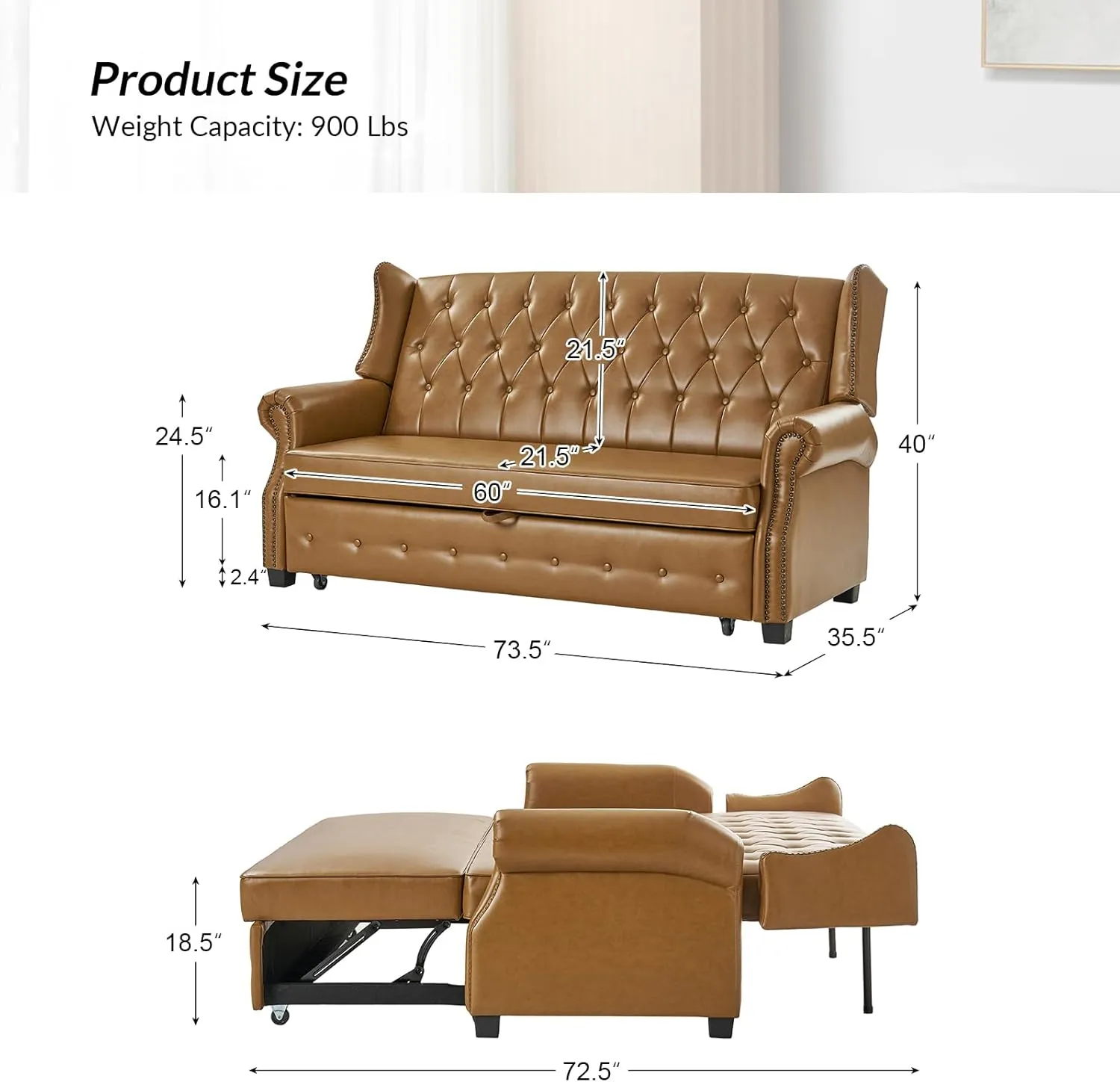 HULALA HOME 74" Faux Leather Setee Sleeper Sofa Bed,Transitional High Back Chesterfield Sofa Bed Couches for Living Room and Bedroom,Camel