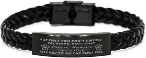 Human Resources Specialist Braided Leather Bracelet, If at first you don't succeed, try doing what your athletic trainer told you to do the first time., Laser Engraved, Stainless Steel Wristband