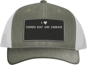 I Heart Love Corned Beef and Cabbage - Leather Black Patch Engraved Trucker Hat