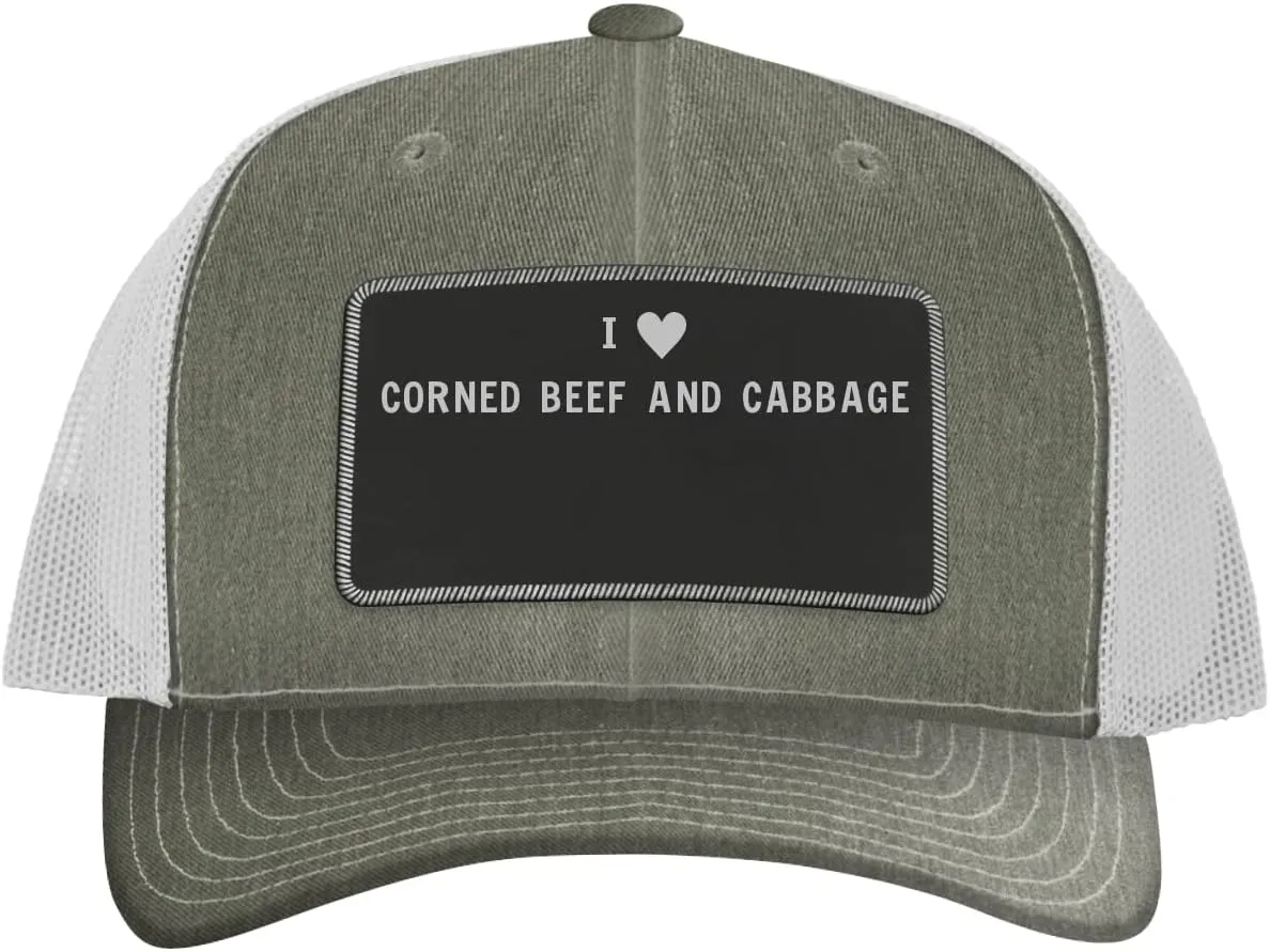 I Heart Love Corned Beef and Cabbage - Leather Black Patch Engraved Trucker Hat