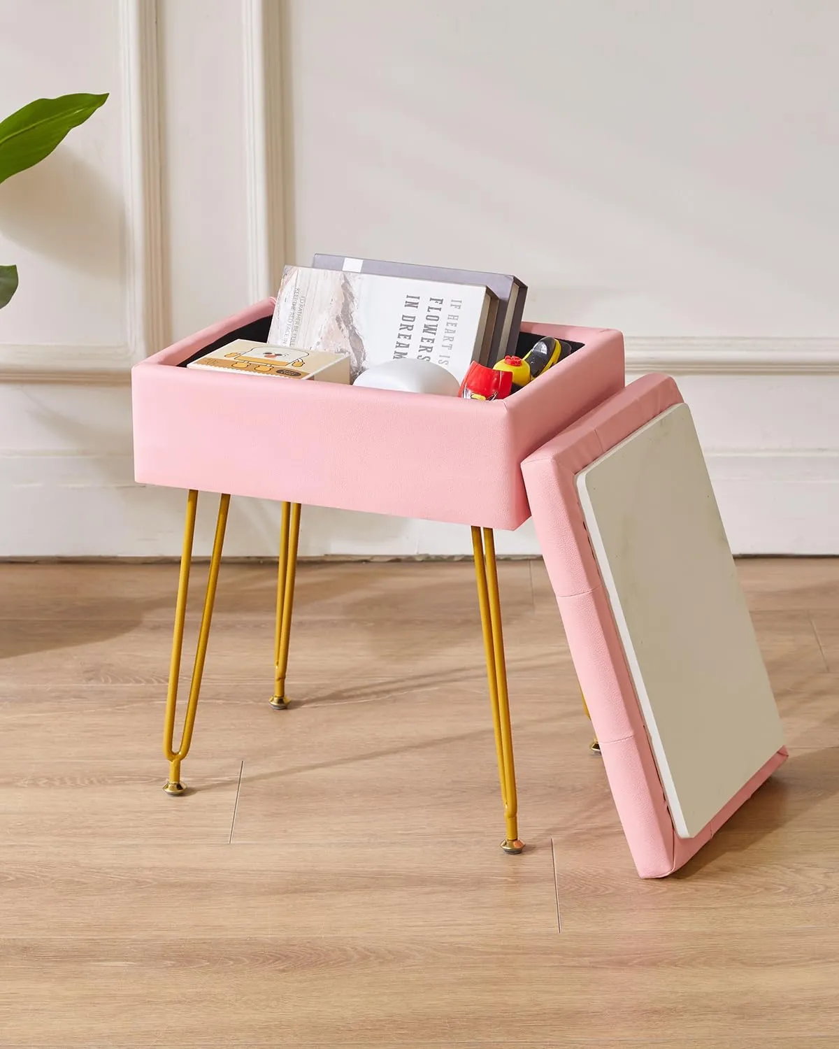 IBUYKE Multifunctional Storage Vanity Stool with Flip Tabletop, Adjustable Metal Legs & PU Leather - 40x30x48cm Ottoman Footrest for Makeup, Living Room, Entryway, Pink WBD014P