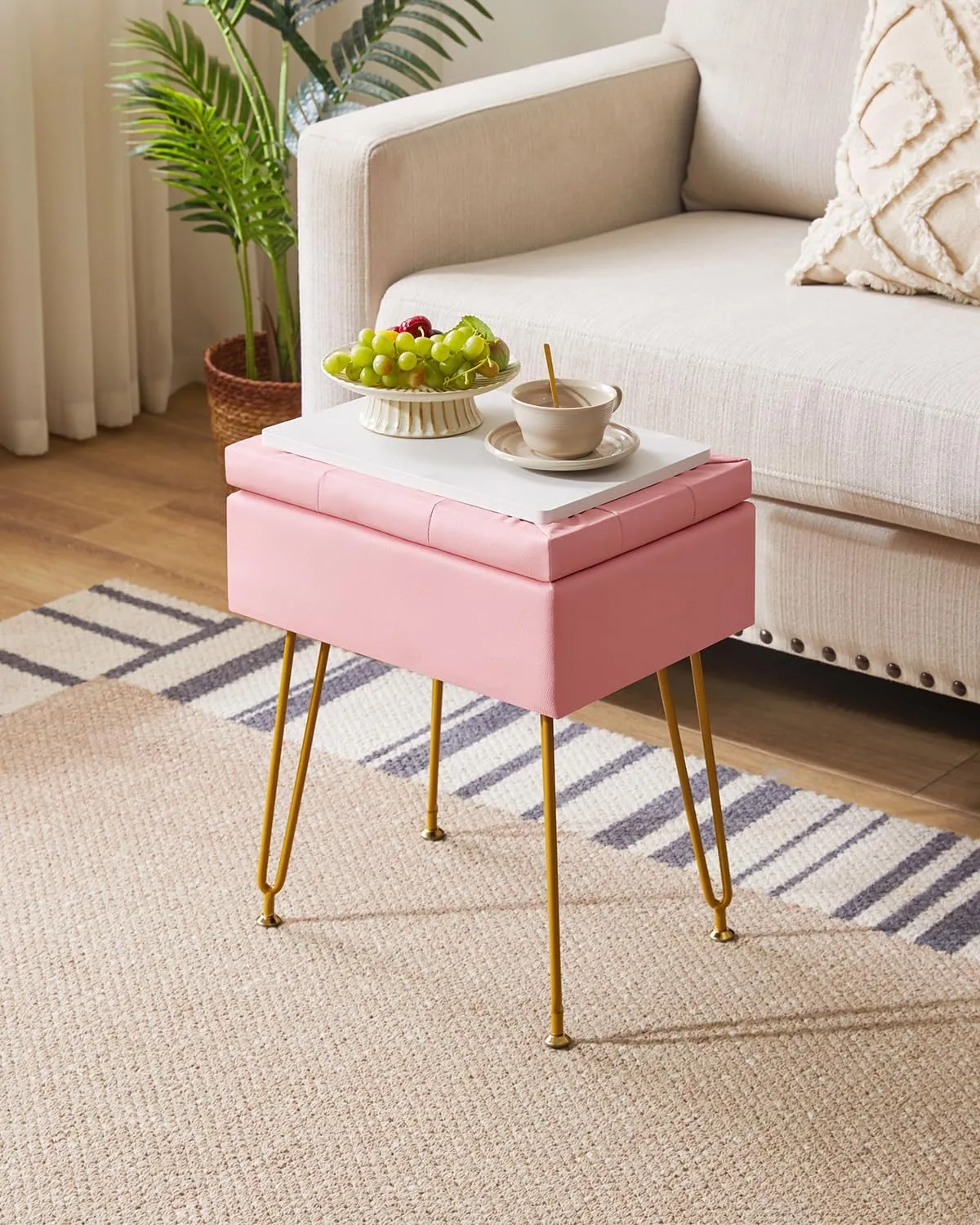 IBUYKE Multifunctional Storage Vanity Stool with Flip Tabletop, Adjustable Metal Legs & PU Leather - 40x30x48cm Ottoman Footrest for Makeup, Living Room, Entryway, Pink WBD014P