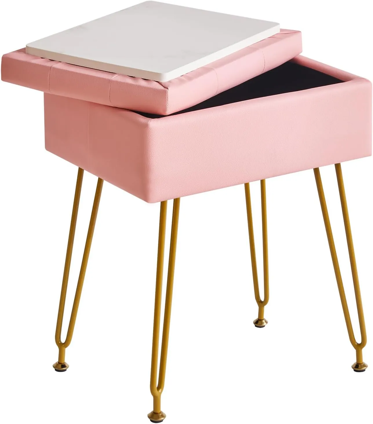 IBUYKE Multifunctional Storage Vanity Stool with Flip Tabletop, Adjustable Metal Legs & PU Leather - 40x30x48cm Ottoman Footrest for Makeup, Living Room, Entryway, Pink WBD014P