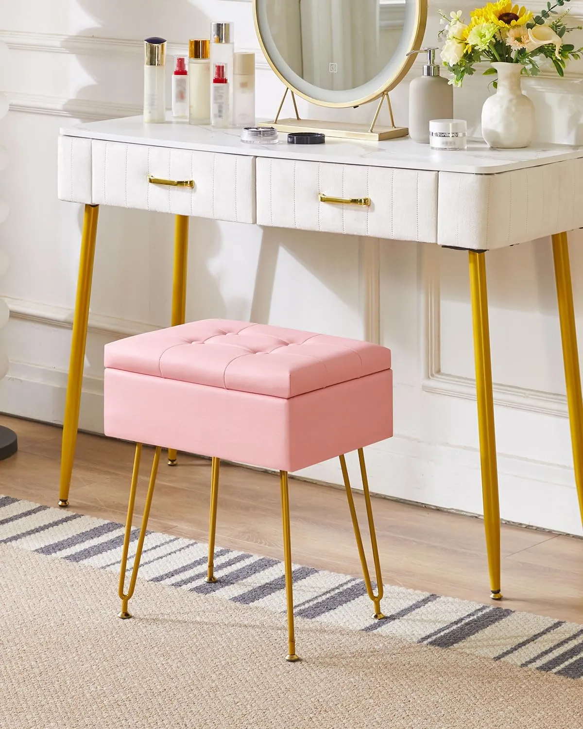 IBUYKE Multifunctional Storage Vanity Stool with Flip Tabletop, Adjustable Metal Legs & PU Leather - 40x30x48cm Ottoman Footrest for Makeup, Living Room, Entryway, Pink WBD014P