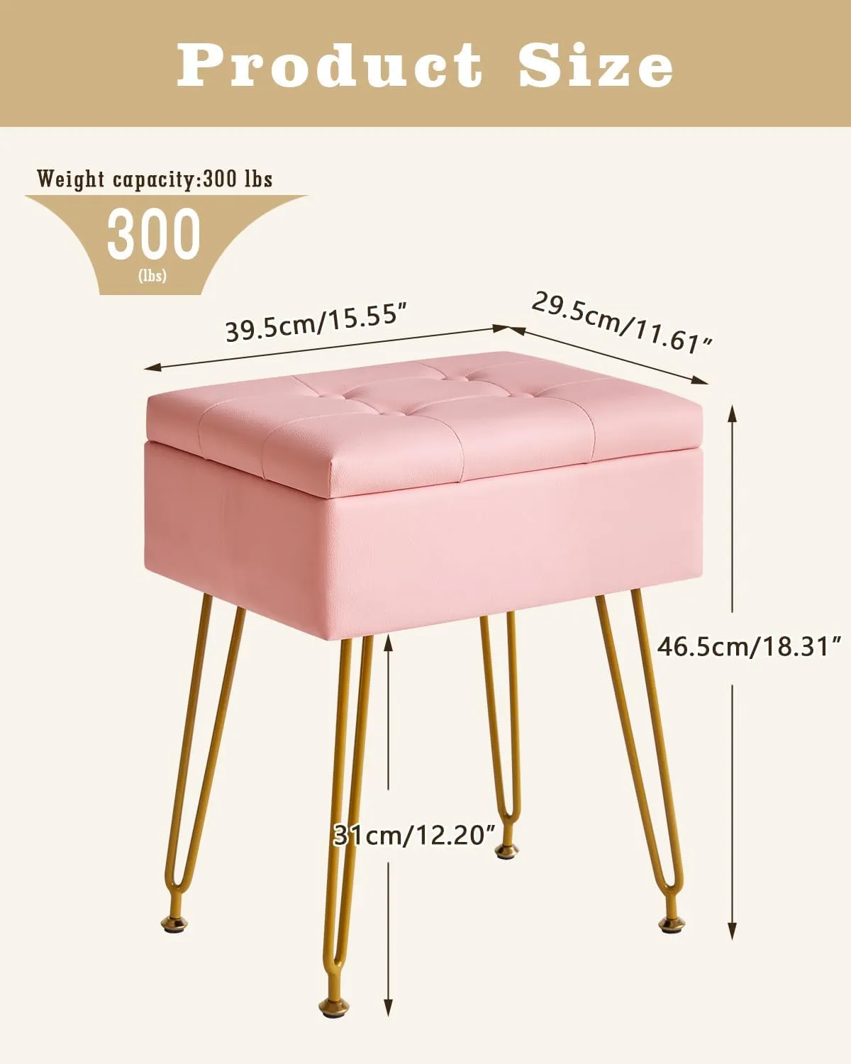 IBUYKE Multifunctional Storage Vanity Stool with Flip Tabletop, Adjustable Metal Legs & PU Leather - 40x30x48cm Ottoman Footrest for Makeup, Living Room, Entryway, Pink WBD014P