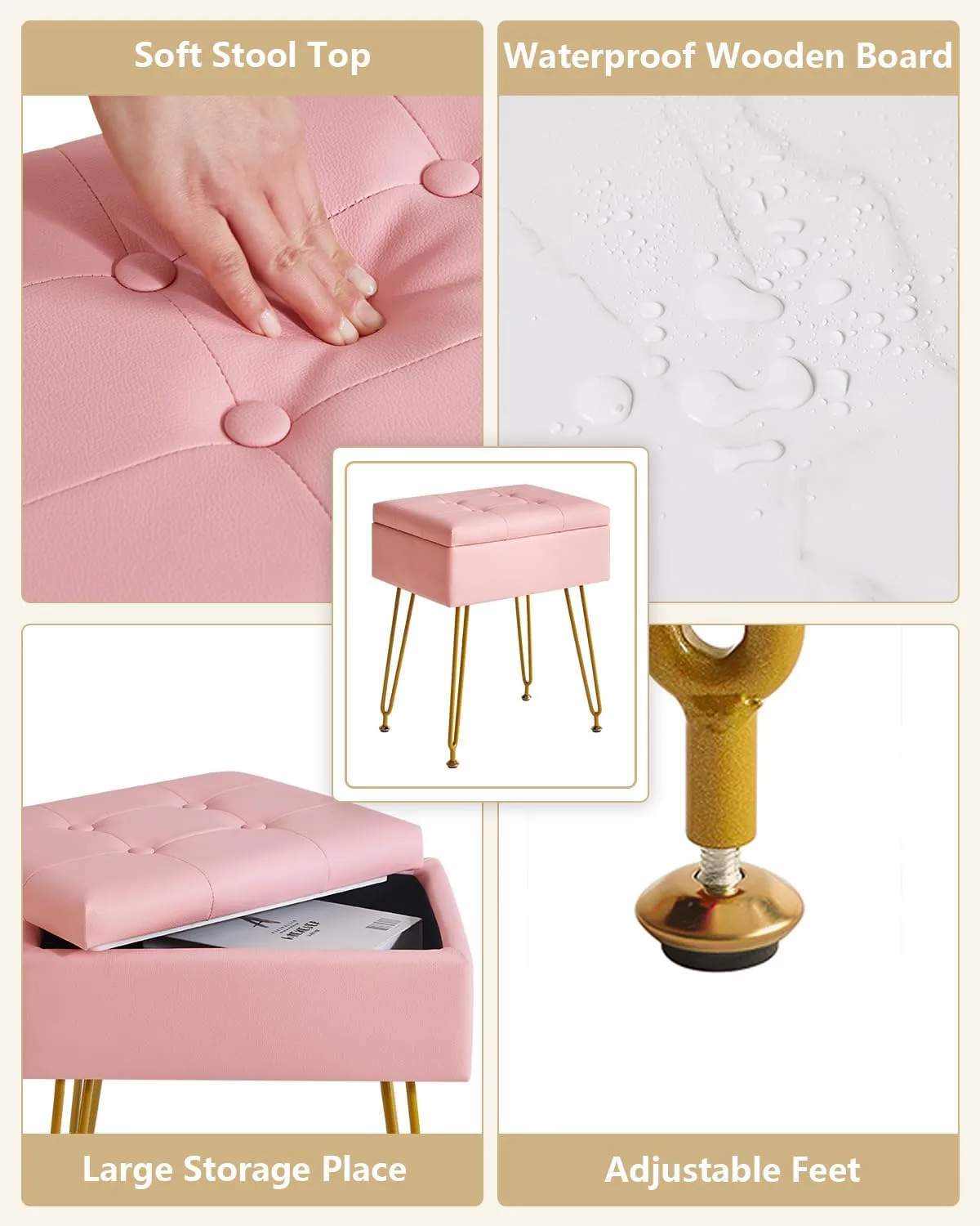 IBUYKE Multifunctional Storage Vanity Stool with Flip Tabletop, Adjustable Metal Legs & PU Leather - 40x30x48cm Ottoman Footrest for Makeup, Living Room, Entryway, Pink WBD014P