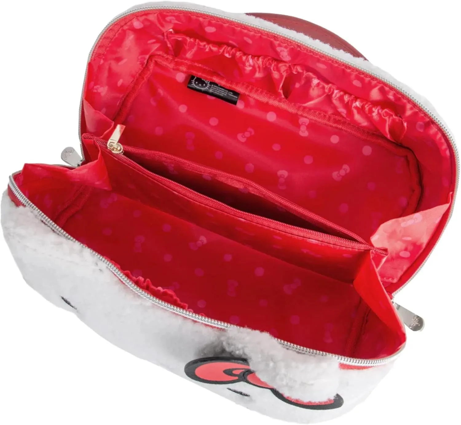 Impressions Vanity Hello Kitty Unfold Travel Makeup Bag Organizer, Opens Flat Zippered Cosmetic Bag with Cozy Sherpa Fabric Texture, Dual Compartments, Inner Pockets, Top Carrying Handle