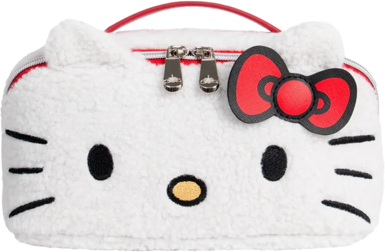 Impressions Vanity Hello Kitty Unfold Travel Makeup Bag Organizer, Opens Flat Zippered Cosmetic Bag with Cozy Sherpa Fabric Texture, Dual Compartments, Inner Pockets, Top Carrying Handle