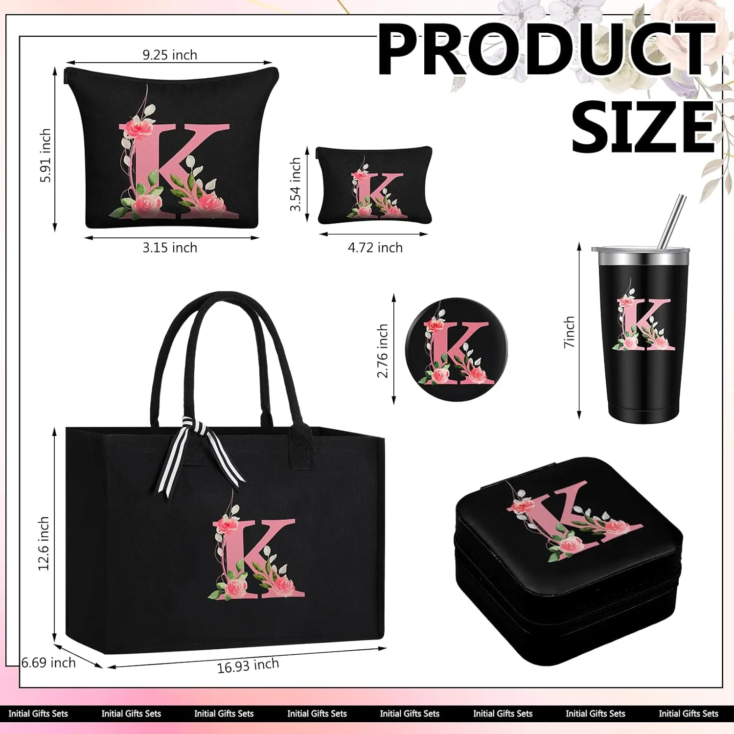 Initial Canvas Tote Bag for Women Personalized Birthday Gift Makeup Bag Monogram Initial Tumbler for Mother Bridesmaid(Letter K)