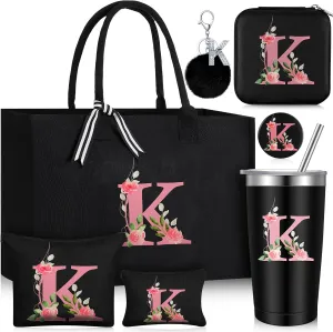 Initial Canvas Tote Bag for Women Personalized Birthday Gift Makeup Bag Monogram Initial Tumbler for Mother Bridesmaid(Letter K)