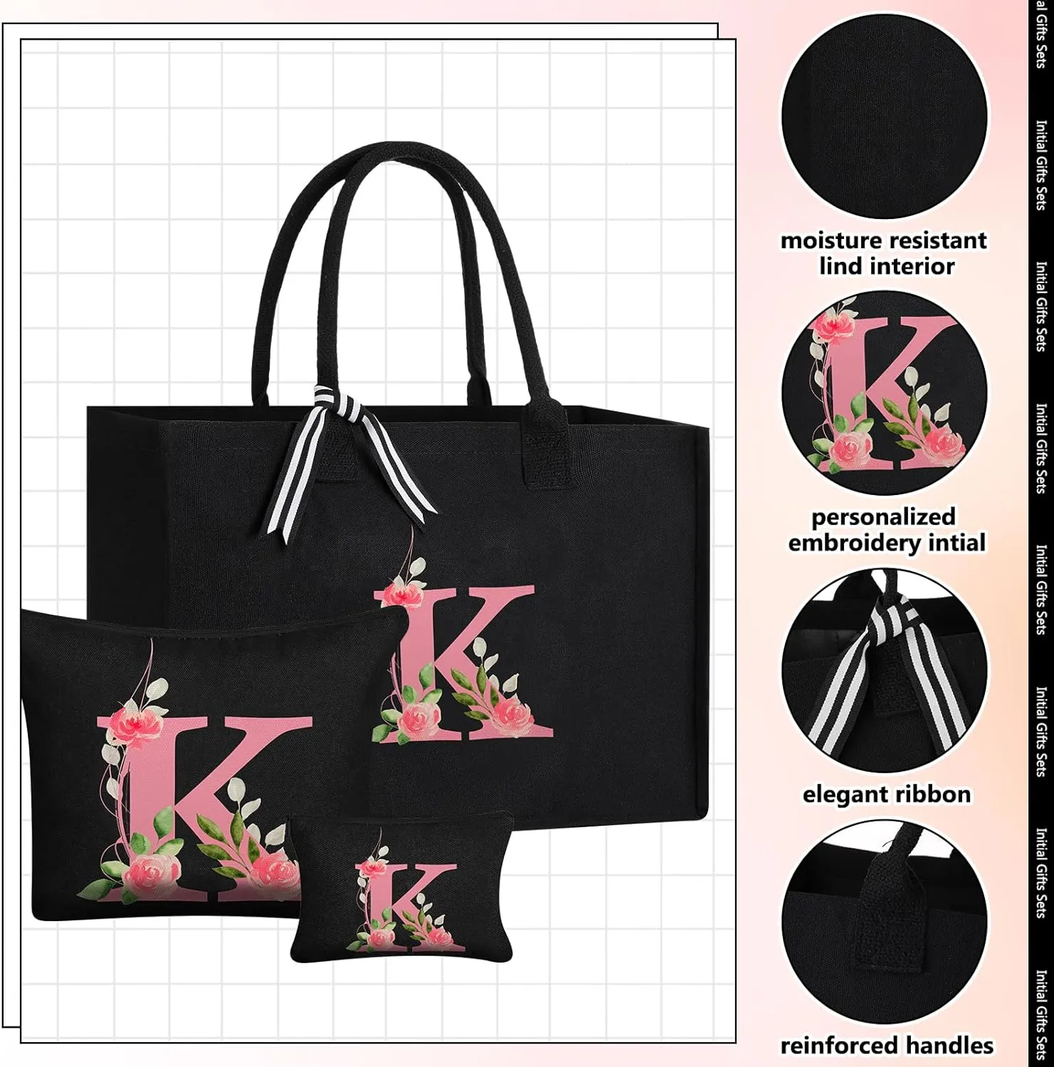 Initial Canvas Tote Bag for Women Personalized Birthday Gift Makeup Bag Monogram Initial Tumbler for Mother Bridesmaid(Letter K)